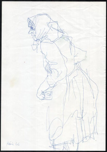 Kéri Imre (1945- ): Hölgy portréja (tanulmányrajz), 1966. Golyóstoll, papír, jelzett. Hajtásnyomokkal, apró folttal. 30,5x21,5 cm