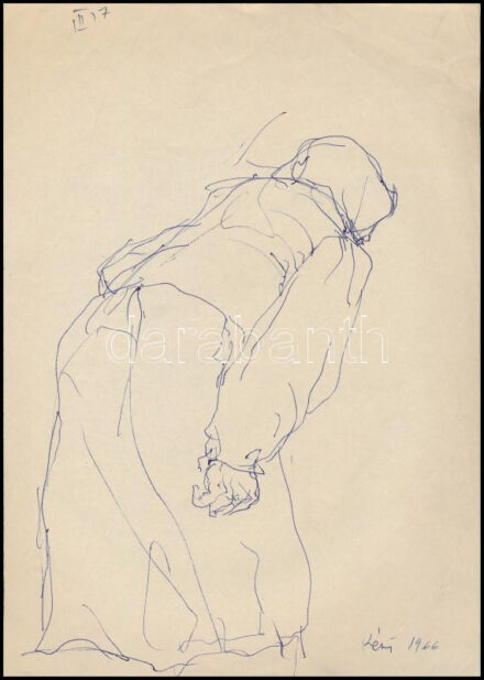 Kéri Imre (1945- ): Hölgy portréja (tanulmányrajz), 1966. Golyóstoll, papír, jelzett. Hajtásnyomokkal. 29,5x21 cm
