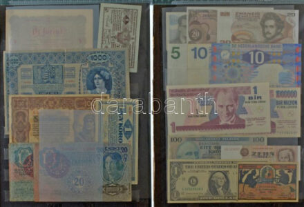 130db-os magyar és külföldi bankjegytétel, közte Pengő és Forint bankjegyek, illetve 1848. 5Ft + 1902. 1000K felülbélyegzés nélkül + 1919. 5K 'Más törvényes...' + 1923. 5000K + 1943. 1000P + Japán DN (2004-2011) 1000Y + Svájc DN