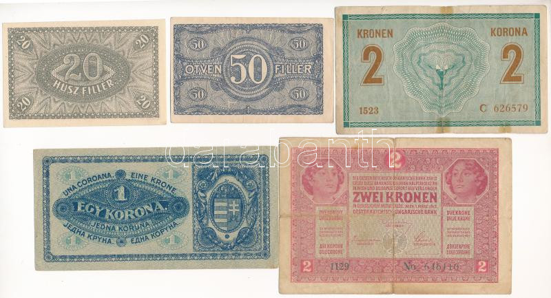 1914. 2K 'C' + 1917. 2K + 1920. 20f + 50f + 1K T:AU-F szakadás, ragasztásnyom - Image 2