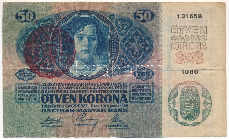 1914. 50K piros 'MAGYARORSZÁG' felülbélyegzéssel T:F,VG Adamo K24B - Image 2