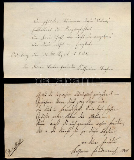cca 1835-1837 Sopron/Ödenburg, Der Freundschaft Gewidmet von I. S. Barátság emléklapok, rajta soproni német és magyar patrícius családok német nyelvű soraival. (Pl.: Katharina Lagler, neves soproni Lagler-család tagja). Rajtuk nagyon