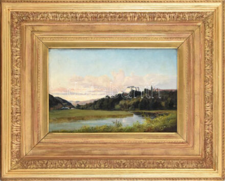 Elz. de Sabran jelzéssel: Vár látképe (Franciaország v. Ausztria?), 1891. Olaj, fatábla. Hátoldalán bécsi képkeretező korabeli címkéjével és töredékes raglappal (...Gustav Wien...?). Dekoratív, antik fakeretben. 27x41 cm
