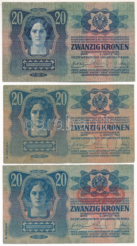 1913. 20K + 1913. 20K II. kiadás (2x), egyik piros 'Deutschösterreich' felülbélyegzésekkel T:III Adamo K17