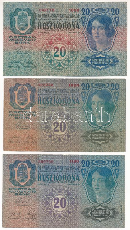 1913. 20K + 1913. 20K II. kiadás (2x), egyik piros 'Deutschösterreich' felülbélyegzésekkel T:III Adamo K17 - Image 2