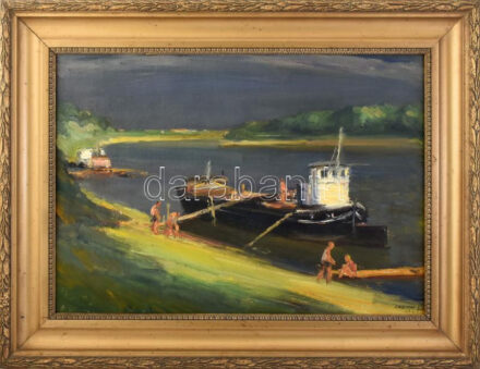 Chiovini Ferenc (1899-1981): Emberek a vízparton. Olaj, vászon. Jelezve jobbra lent. Dekoratív, kissé sérült fakeretben. 50x70 cm / oil on canvas, signed, framed