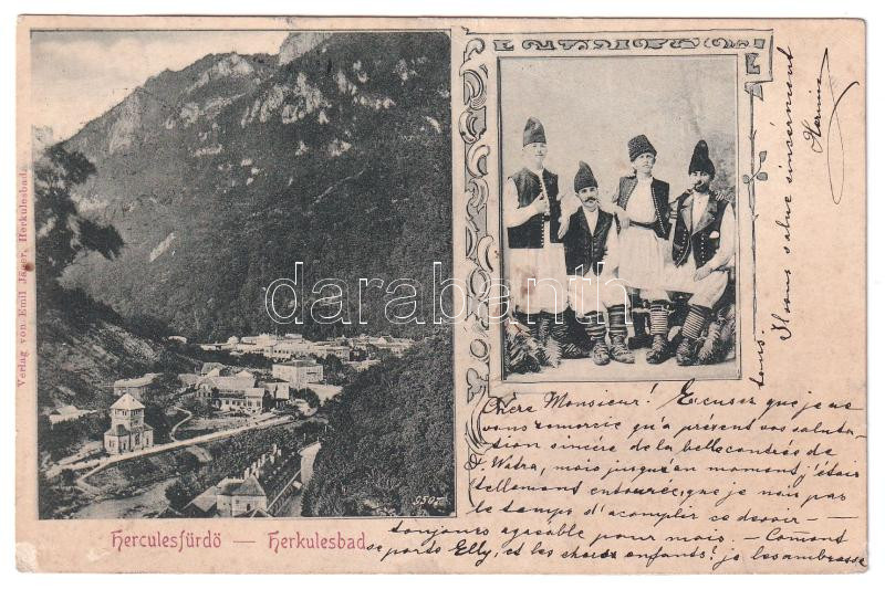 1899 (Vorläufer) Herkulesfürdő, Baile Herculane; látkép, erdélyi folklór. Emil Jäger kiadása / general view, spa, Transylvanian folklore. Art Nouveau (fa)