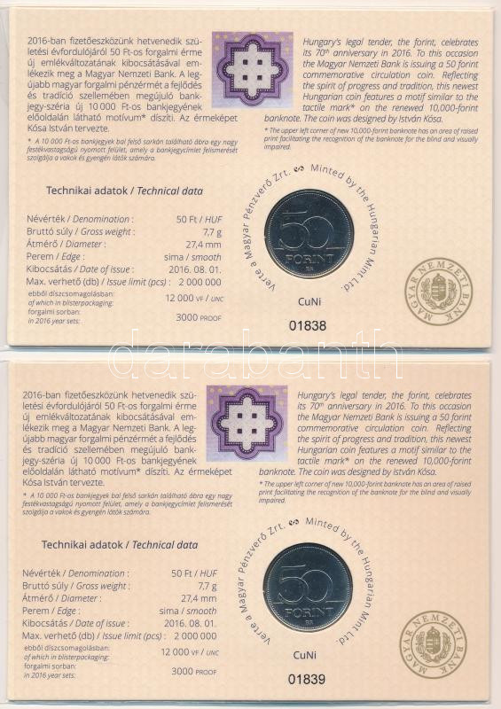 2016. 50Ft Cu-Ni '70 éves a forint' első napi veret sorszámozott emléklapon (2x) sorszámkövetők '01838 - 01839' sorszámmal T:UNC - Image 2