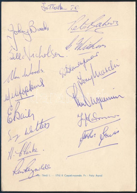 1955 A Tottenham Hotspurs FC l abdarúgó csapat tagjainak autográf aláírásai a Vasas, Kinizsi (FTC), Pécsi Dózsa magyar csapatok ellen játszott torna alkalmából tartott díszvacsora menükártyáján hajtva. / 1955 Autograph signatures of