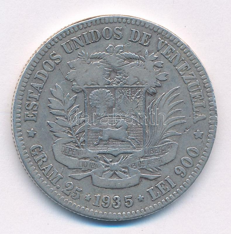 Venezuela 1935. 5B Ag T:2-,3 ph, lapka hiba, ü. Venezuela 1935. 5 Bolivares Ag C:VF,F edge error, planchet error, ding Krause KM#24 - Image 2