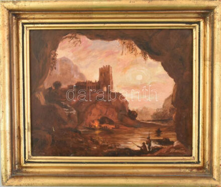 Baász jelzéssel: Romantikus táj. Olaj, farost, keretben, 20x25 cm