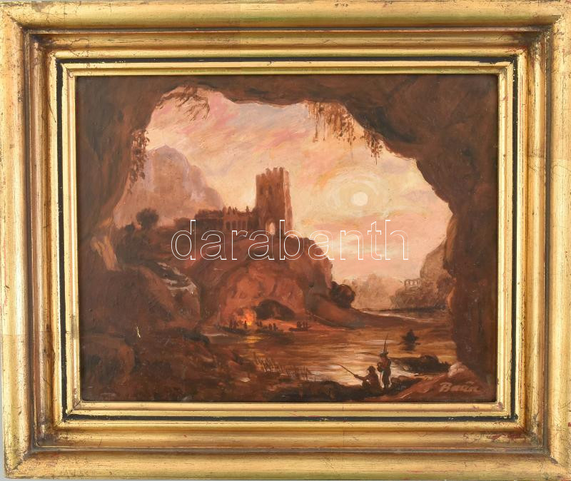 Baász jelzéssel: Romantikus táj. Olaj, farost, keretben, 20x25 cm