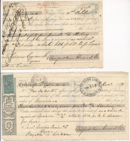 Hong Kong 1871-1892. 3db-os váltó-tétel + Sanghaj 1872. 1db váltó, mind bélyegzésekkel, kitöltve T:III Hong Kong 1871-1892. 3pcs exchange bills + Shanghai 1872. 1pc exchange bill, all with stampings, filled out C:F