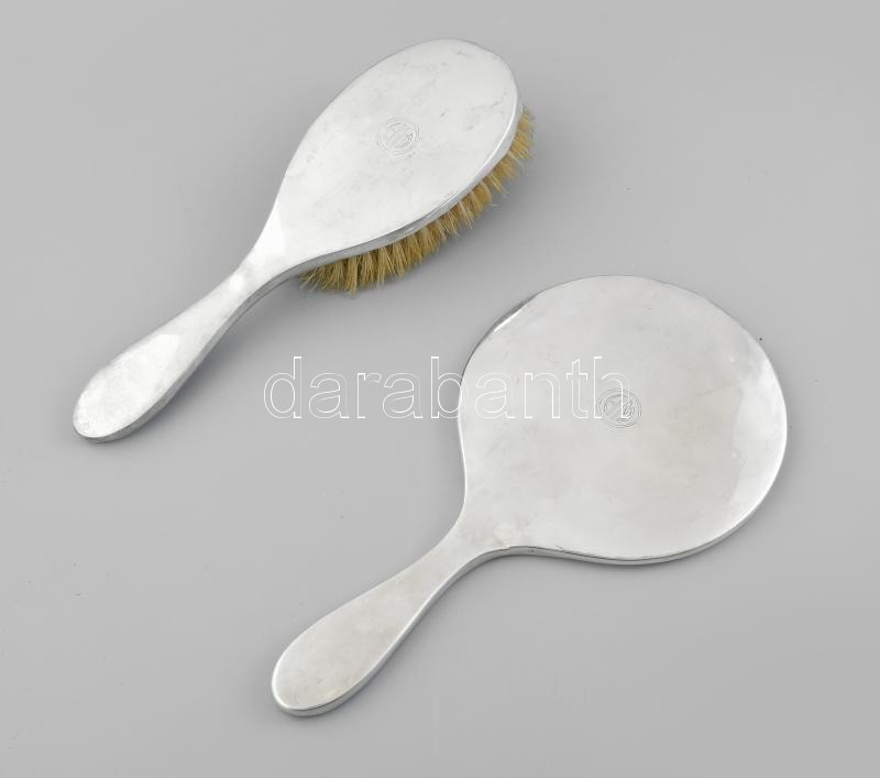 Ezüst (Ag) pipere tükör és kefe. Monogramos, jelzett 26 cm - Image 2