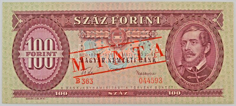 1957. 100Ft 'B363 044593' sorozat és sorszámmal, piros 'MINTA' felülnyomással és perforációval T:XF / Hungary 1957. 100 Forint with 'B363 044593' serial number and with red 'MINTA (SPECIMEN)' overprint and perforation C:XF Adamo F29M