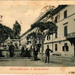 1901 Herkulesfürdő, Herkulesbad, Baile Herculane; Herkules kút és szobor. Hutterer G. kiadása / fountain, street view (fl)