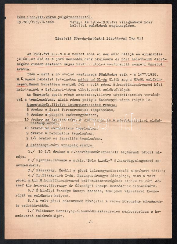 1939 Az első világháború hősi halottai emlékének megünnepléséről rendelkező polgármesteri levél Pécs