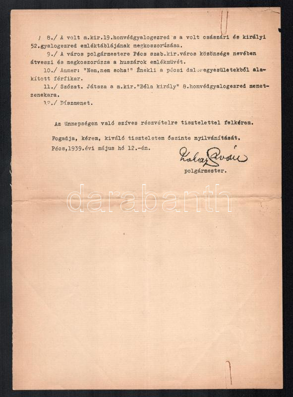 1939 Az első világháború hősi halottai emlékének megünnepléséről rendelkező polgármesteri levél Pécs - Image 2