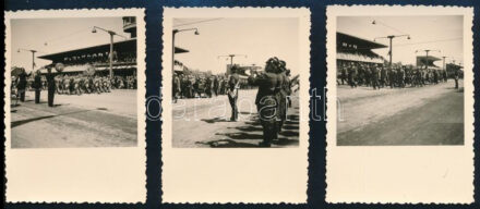 cca 1940 Budapest, tűzoltók vonulása a Kerepesi Ügetőpályán, 3 db fotó, 8,5×6,5 cm