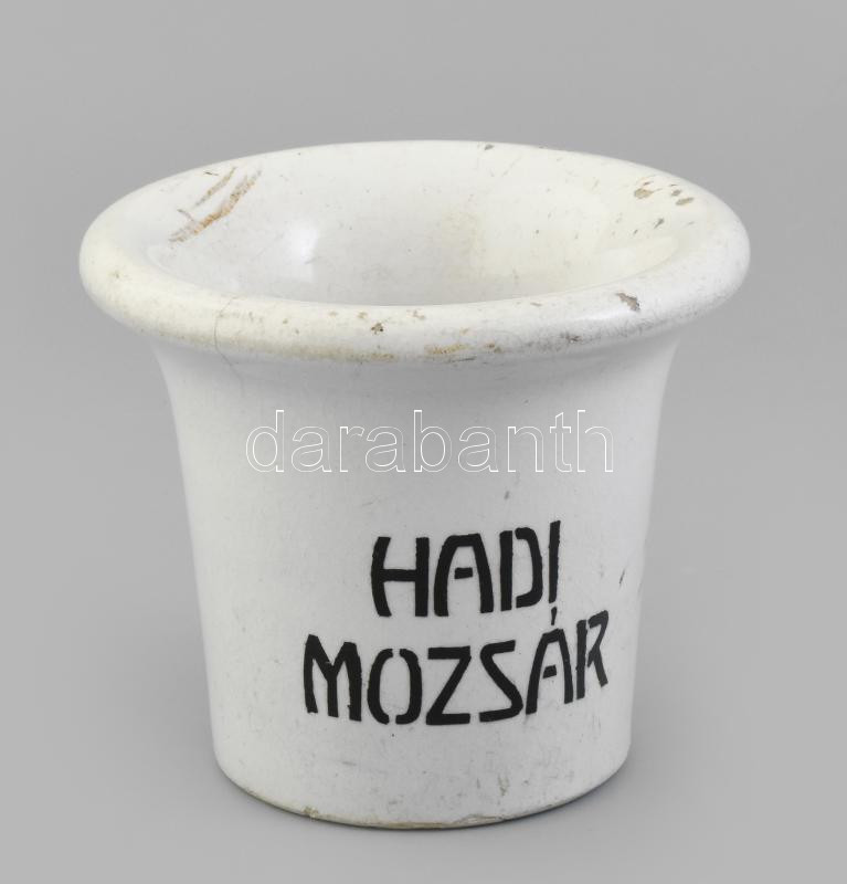 Hadi mozsár 1914-1917, I. világháborús fajansz mozsár, feliratozott, sérülésekkel, mázrepedésekkel, m: 12,5 cm, d: 14,5 cm