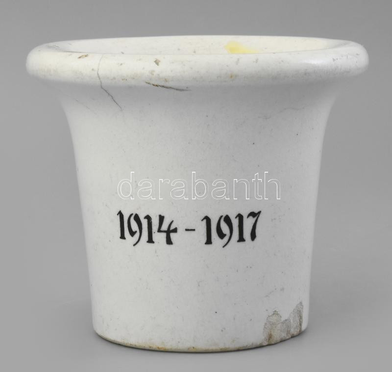 Hadi mozsár 1914-1917, I. világháborús fajansz mozsár, feliratozott, sérülésekkel, mázrepedésekkel, m: 12,5 cm, d: 14,5 cm - Image 2