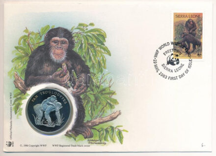 Sierra Leone DN (1991) 'A Világ Vadvédelmi Alap (WWF) 30. évfordulója - Pan Troglodytes (Közönséges csimpánz)' kétoldalas fém emlékérem érmés borítékban, bélyeggel és bélyegzéssel T:UNC,AU Sierral Leone ND (1991) '30th