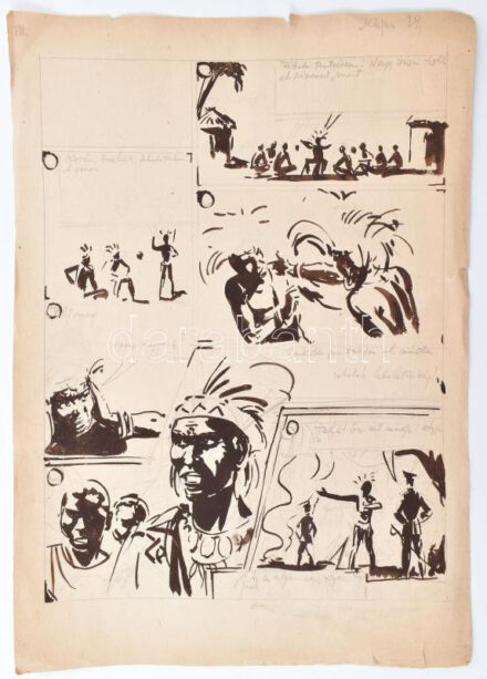 Jelzés nélkül, magyar grafikus, XX. sz. második fele: Képregény részlet. Tus, ceruza, papír. Lapszéli sérülésekkel. 36x27 cm