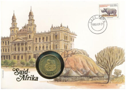 Dél-Afrika 1964. 1c sárgaréz 'Jan van Riebeeck' felbélyegzett borítékban, bélyegzéssel T:UNC South Africa 1964. 1 Cent brass 'Jan van Riebeeck' in envelope with stamp, cancellation C:UNC Krause KM#57