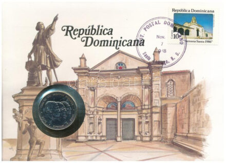 Dominikai Köztársaság 1986. 1/2P Cu-Ni érmés borítékon alkalmi bélyegzős bélyeggel, német nyelvű leírással T:UNC,AU patina Dominican Republic 1986. 1/2 Peso Cu-Ni 'Carnation revolution' in coin letter with stamp with description in