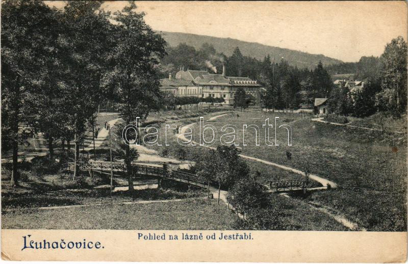 1908 Luhacovice, Lázne Luhacovice, Bad Luhatschowitz; Pohled na lázne od Jestrabí / spa (wet corners)