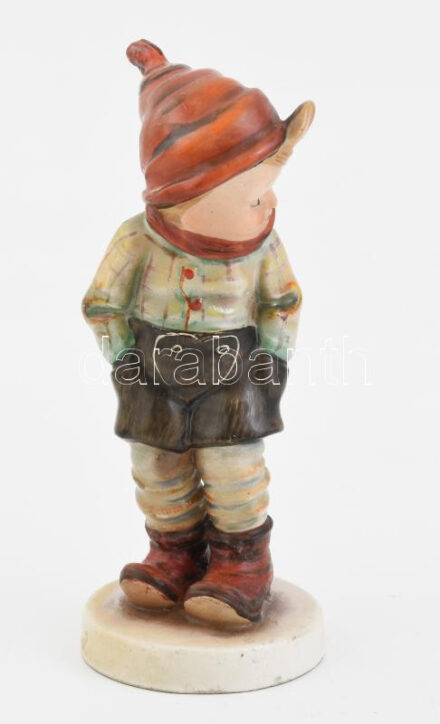 Hummel Goebel figura, kisfiú szélben, kézzel festett fajansz, jelzett, hibátlan, m: 14 cm