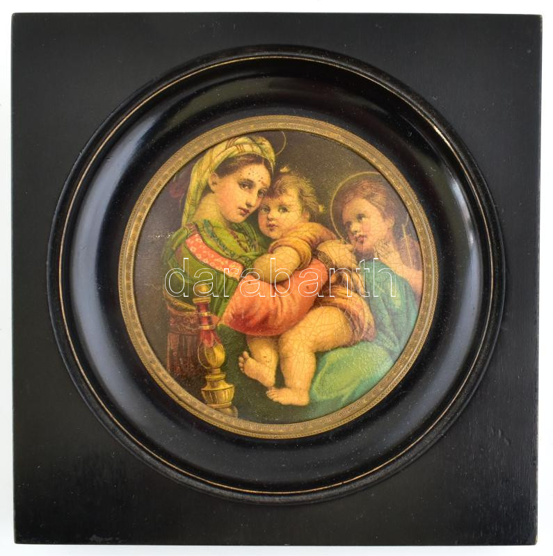 Antik litografált kép, Raffaello: Székes Madonna c. festménye alapján. Méret: 13 cm x 13 cm