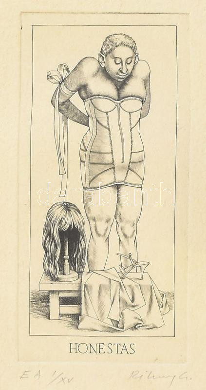 Rékassy Csaba (1937-1989): Honestas (erények sorozat). Rézmetszet, merített papír, jelzett, művészpéldány EA I/XV. számozással, üvegezett fakeretben, apró foltokkal, 15,5×8 cm / engraving on paper, signed, EA I/XV, framed