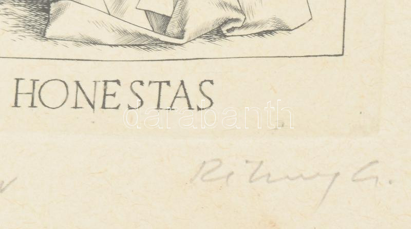 Rékassy Csaba (1937-1989): Honestas (erények sorozat). Rézmetszet, merített papír, jelzett, művészpéldány EA I/XV. számozással, üvegezett fakeretben, apró foltokkal, 15,5×8 cm / engraving on paper, signed, EA I/XV, framed - Image 3