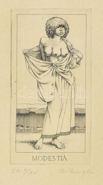 Rékassy Csaba (1937-1989): Modestia (erények sorozat). Rézmetszet, merített papír, jelzett, művészpéldány EA V/XV. számozással, üvegezett fakeretben, 15,5×8 cm / engraving on paper, signed, EA V/XV, framed
