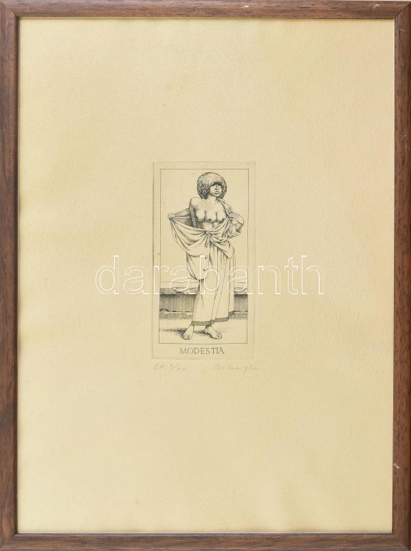 Rékassy Csaba (1937-1989): Modestia (erények sorozat). Rézmetszet, merített papír, jelzett, művészpéldány EA V/XV. számozással, üvegezett fakeretben, 15,5×8 cm / engraving on paper, signed, EA V/XV, framed - Image 2