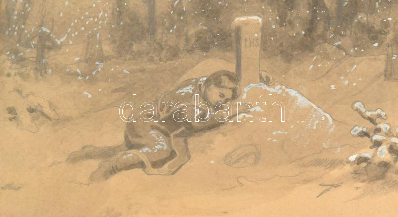 Székely Bertalan (1835-1910): A megfagyott gyermek (illusztráció Eötvös József költeményéhez). Lavírozott tus, ceruza, papír. jelezve balra lent ? (SB?). Üvegezett, antik fakeretben, keret hátoldalán Furmann Gyula budapesti - Image 2