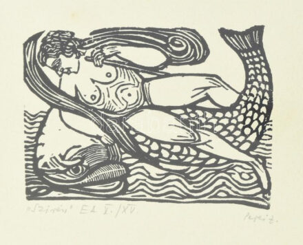 Perei Zoltán (1913-1992): Szirén. Linómetszet, merített papír, jelzett, művészpéldány EA V/XV. számozással. Üvegezett fakeretben. 10,5x15 cm