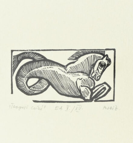 Perei Zoltán (1913-1992): Tengeri csikó. Linómetszet, merített papír, jelzett, művészpéldány EA V/XV. számozással. Üvegezett fakeretben. 6,5x13 cm