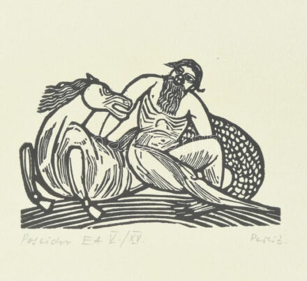Perei Zoltán (1913-1992): Poseidon. Linómetszet, merített papír, jelzett, művészpéldány EA V/XV. számozással. Üvegezett fakeretben. 8x15 cm