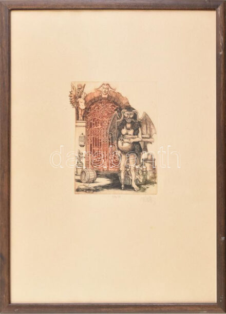 Vén Zoltán (1941- ): A kapu őrzője (cím nélkül). Színes rézkarc, papír, jelzett, művészpéldány V/XV. EA számozással, üvegezett fakeretben, 15,5×12 cm