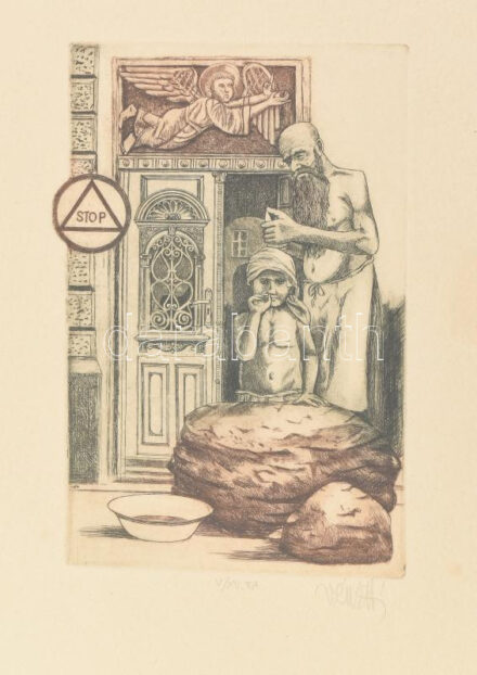 Vén Zoltán (1941- ): Stop (cím nélkül). Színes rézkarc, papír, jelzett, művészpéldány V/XV. EA számozással, üvegezett fakeretben, 16×10 cm