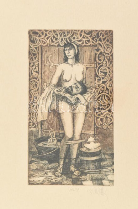 Vén Zoltán (1941- ): Salome. Színes rézkarc, papír, jelzett, művészpéldány II/XV. EA számozással, üvegezett fakeretben, 15×7,5 cm