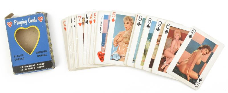 Retró erotikus franciakártya, 53 lap (1 lap hiány), eredeti dobozában / Vintage erotic nude playing cards, 53 pcs (1 missing), in original box