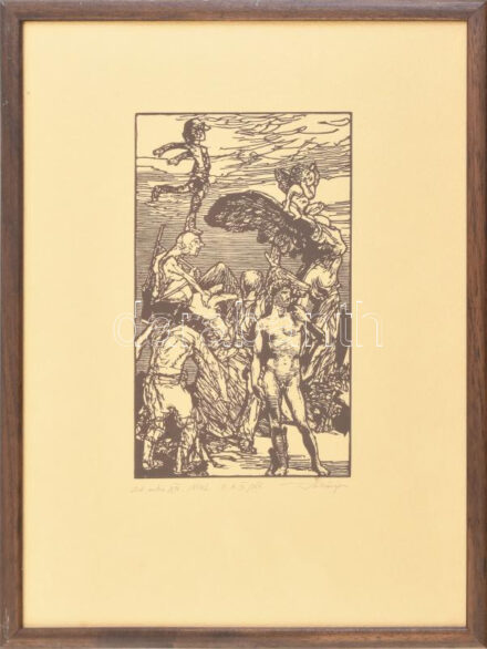 Bálványos Huba (1938-2011). Ad astra XIV., Niké. Linometszet, merített papír, jelzett, művészpéldány E.A V/XV. számozással, üvegezett fakeretben, 24x14 cm