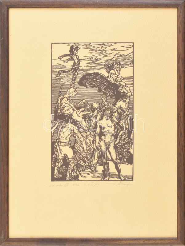 Bálványos Huba (1938-2011). Ad astra XIV., Niké. Linometszet, merített papír, jelzett, művészpéldány E.A V/XV. számozással, üvegezett fakeretben, 24x14 cm