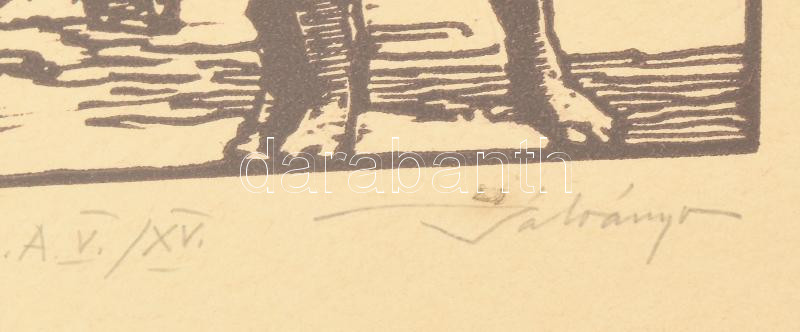 Bálványos Huba (1938-2011). Ad astra XIV., Niké. Linometszet, merített papír, jelzett, művészpéldány E.A V/XV. számozással, üvegezett fakeretben, 24x14 cm - Image 2