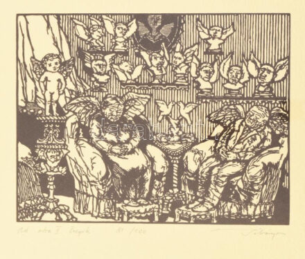 Bálványos Huba (1938-2011). Ad astra II., Öregek. Linómetszet, merített papír, jelzett, 81/100 számozással, üvegezett fakeretben, 16x20,5 cm