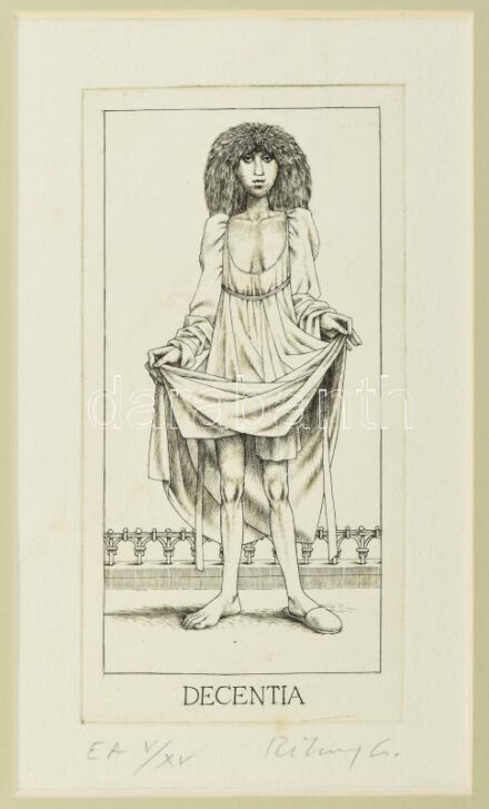 Rékassy Csaba (1937-1989): Decentia (erények sorozat). Rézmetszet, merített papír, jelzett, művészpéldány EA V/XV. számozással, javított. Paszpartuban. 15×8 cm