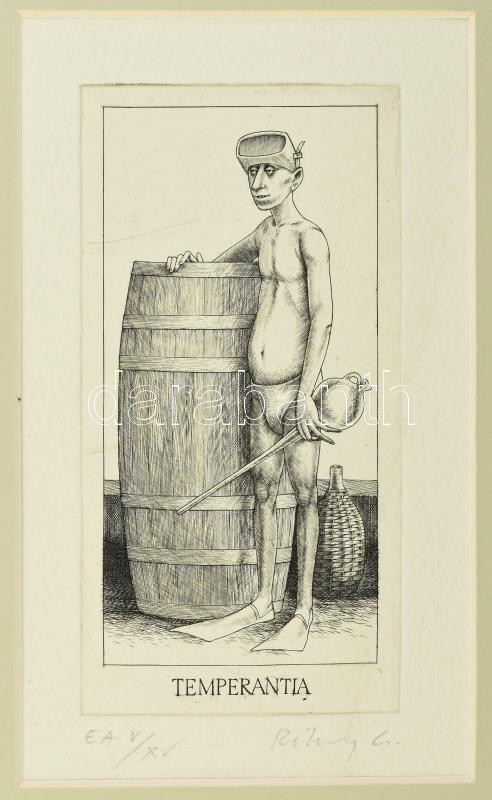 Rékassy Csaba (1937-1989): Temperantia (erények sorozat). Rézmetszet, merített papír, jelzett, művészpéldány EA V/XV. számozással, javított. Paszpartuban. 15×8 cm
